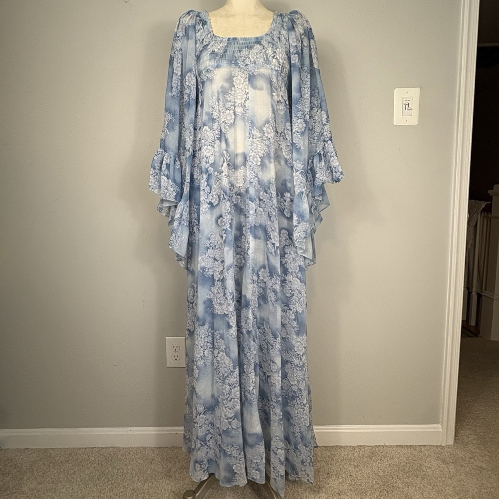 Blue Floral Maxi Dress with Ruffled Sleeves